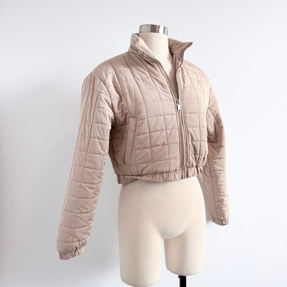 Forever 21 Tan Puffer Bomber Quilted Aviator Coat Jacket Cropped Small Zipper